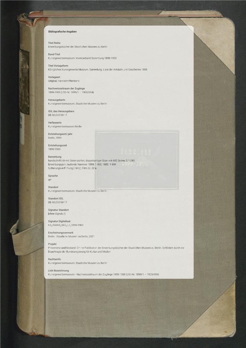 Königliches KunstgewerbeMuseum. Sammlung. Liste der Ankäufe und Geschenke 1899.