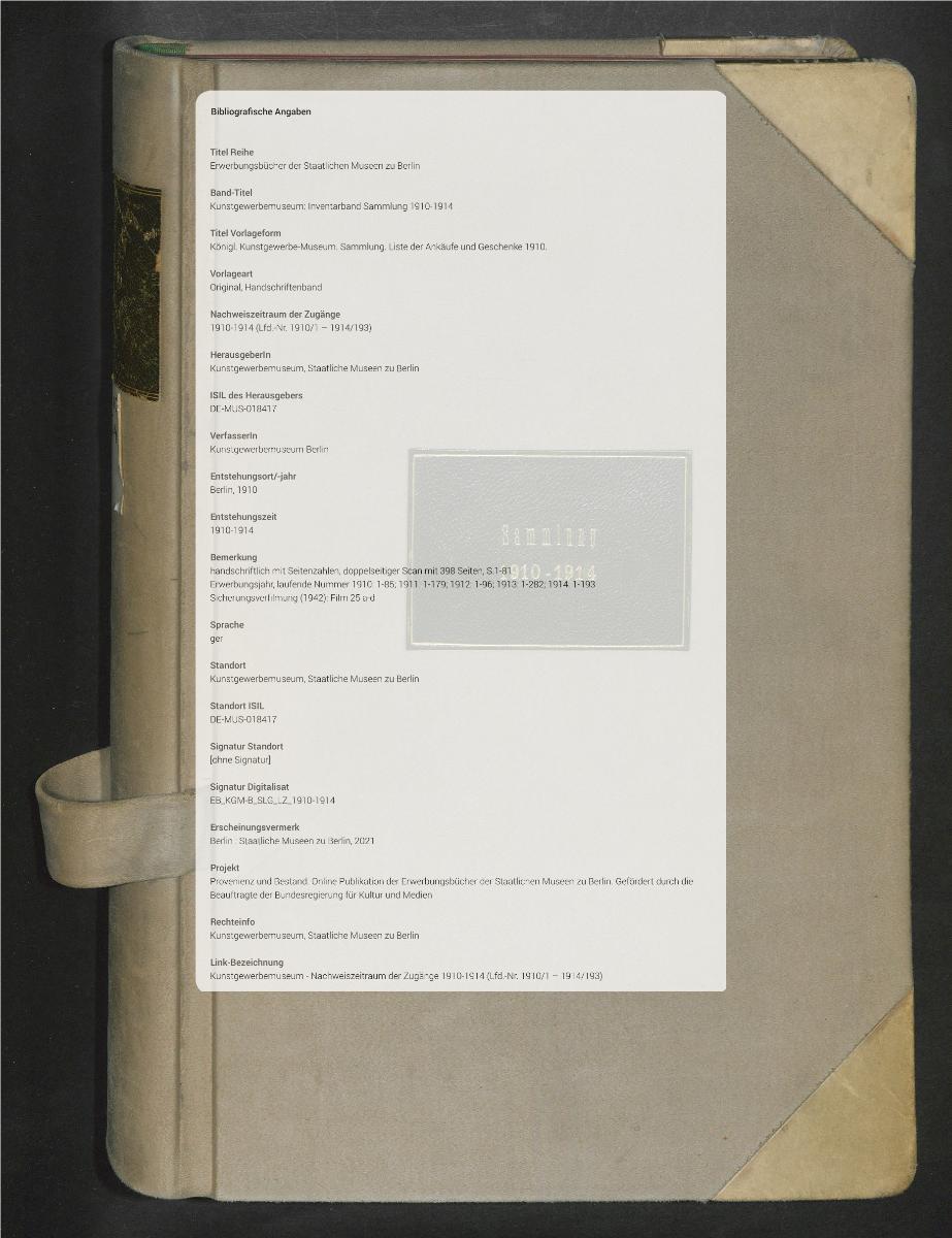 Königl. Kunstgewerbe-Museum. Sammlung. Liste der Ankäufe und Geschenke 1910.