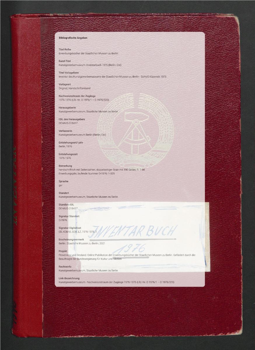 Inventar des Kunstgewerbemuseums der Staatlichen Museen zu Berlin - Schloß Köpenick 1976