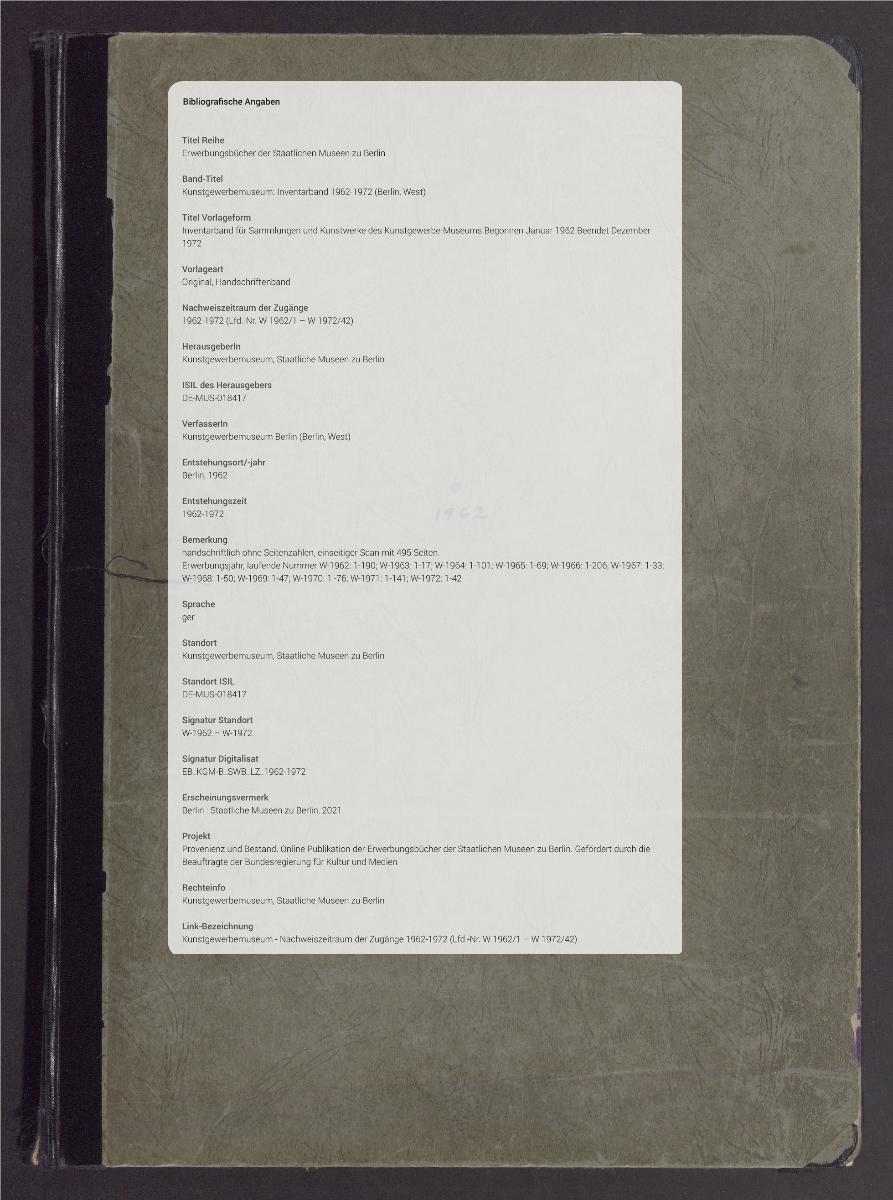 Inventar für Sammlungen und Kunstwerke des Kunstgewerbe-Museums Begonnen Januar 1962 Beendet Dezember 1972