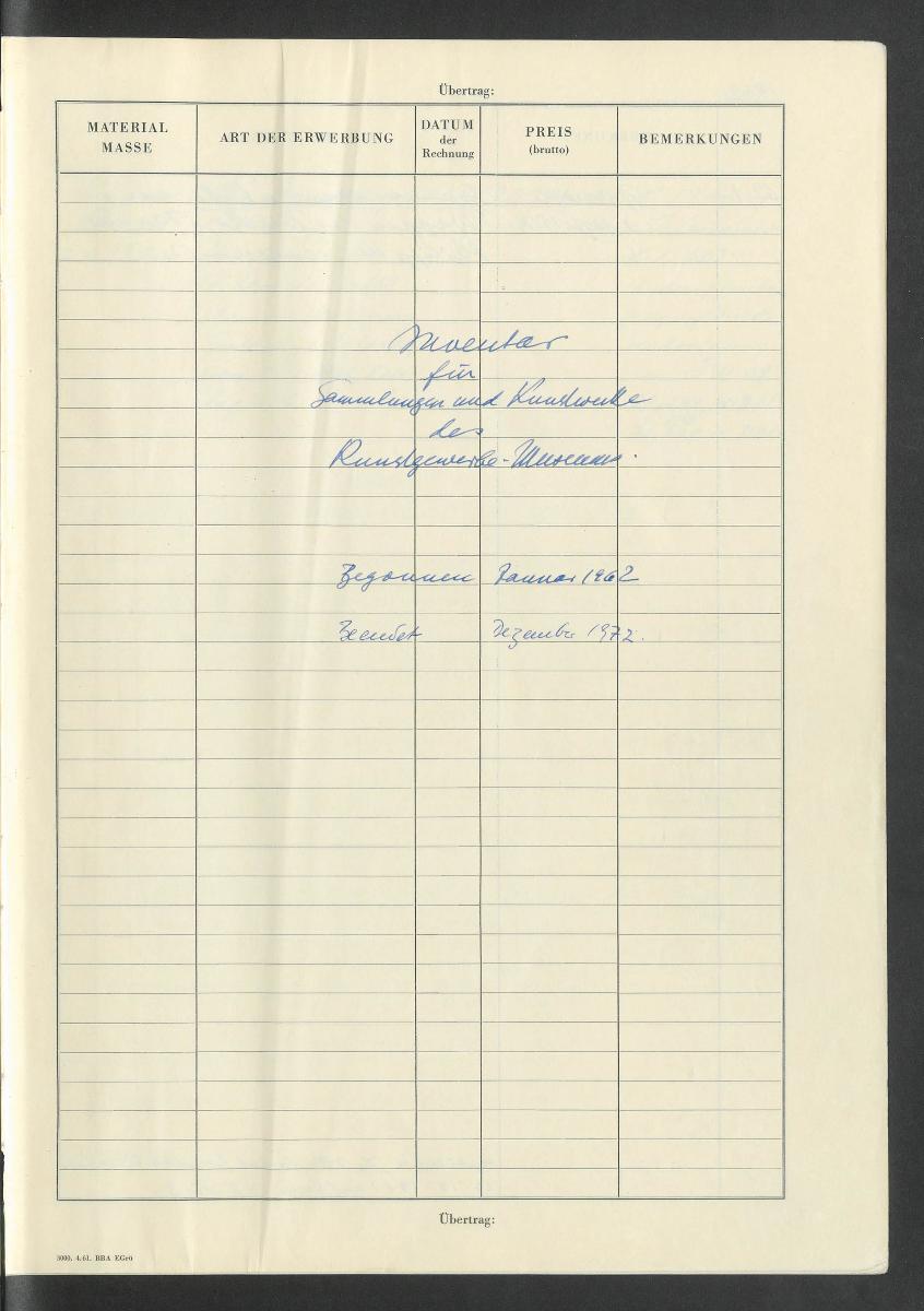 Inventar für Sammlungen und Kunstwerke des Kunstgewerbe-Museums Begonnen Januar 1962 Beendet Dezember 1972