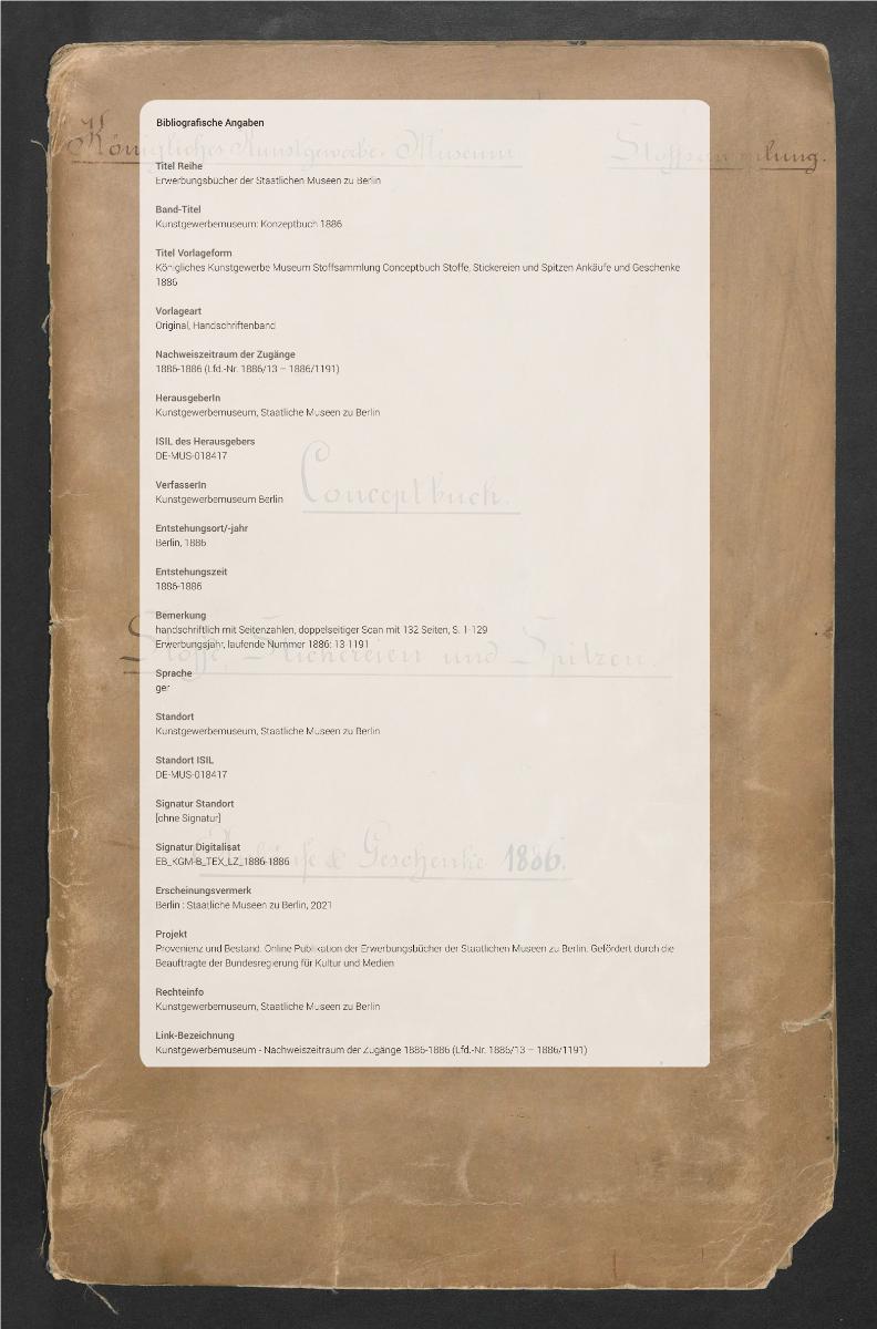 Königliches Kunstgewerbe Museum Stoffsammlung Conceptbuch Stoffe, Stickereien und Spitzen Ankäufe und Geschenke 1886