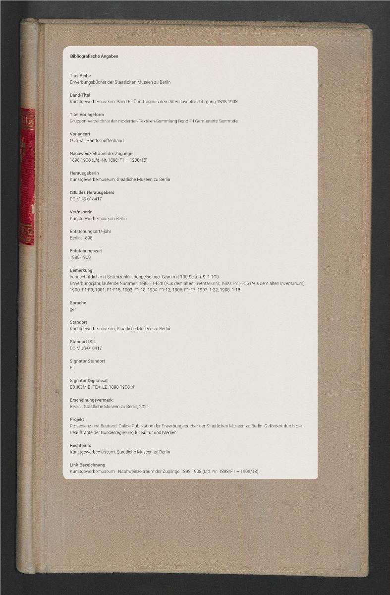 Gruppen-Verzeichnis der modernen Textilien-Sammlung Band F I Gemusterte Sammete.