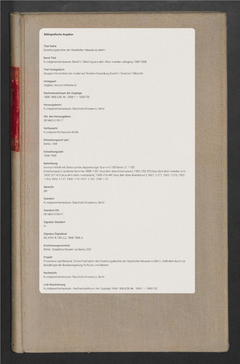 Gruppen-Verzeichnis der modernen Textilien-Sammlung Band N I Bestickte Tüllstoffe.