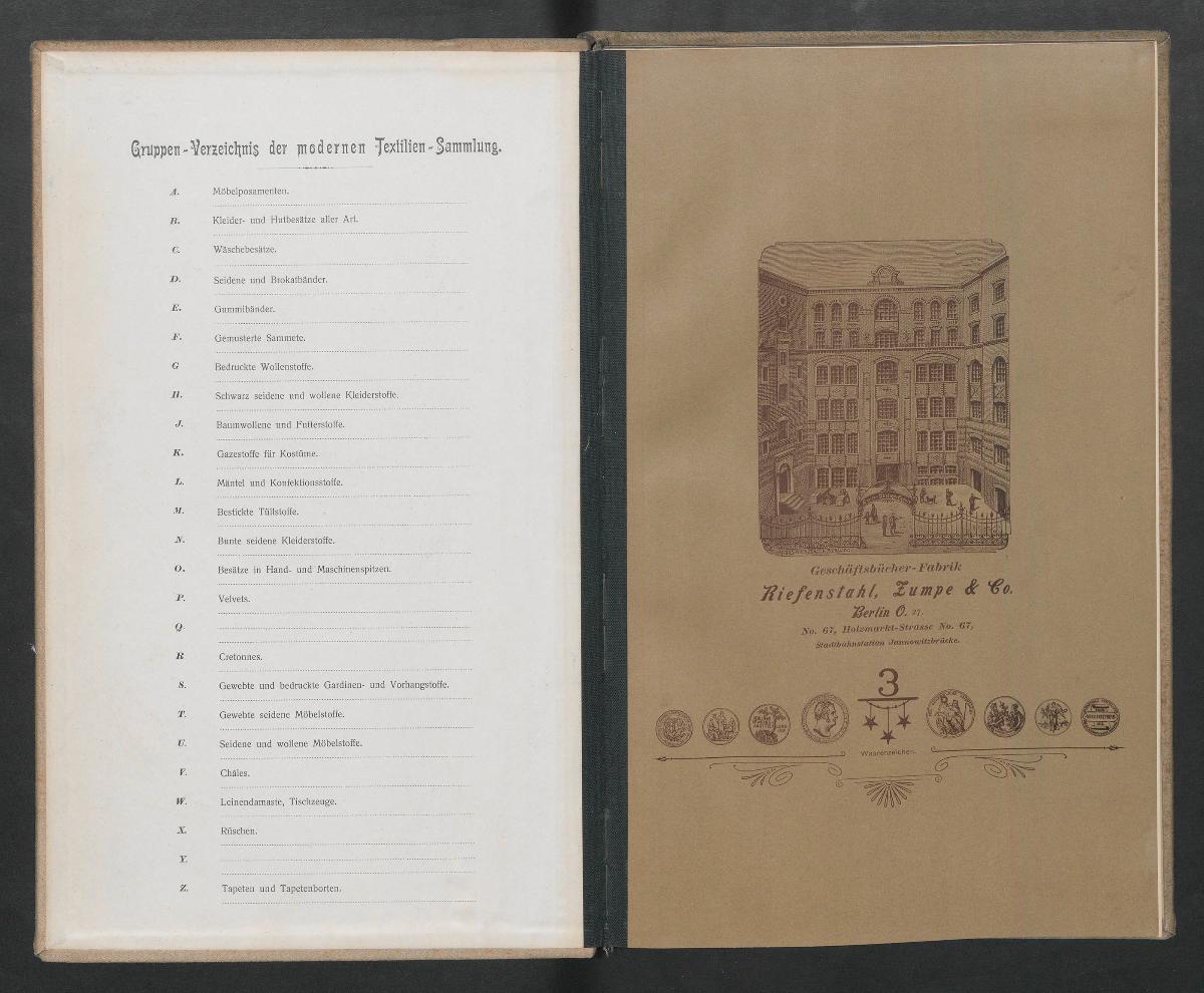 Gruppen-Verzeichnis der modernen Textilien-Sammlung Band A I Möbelposamenten.