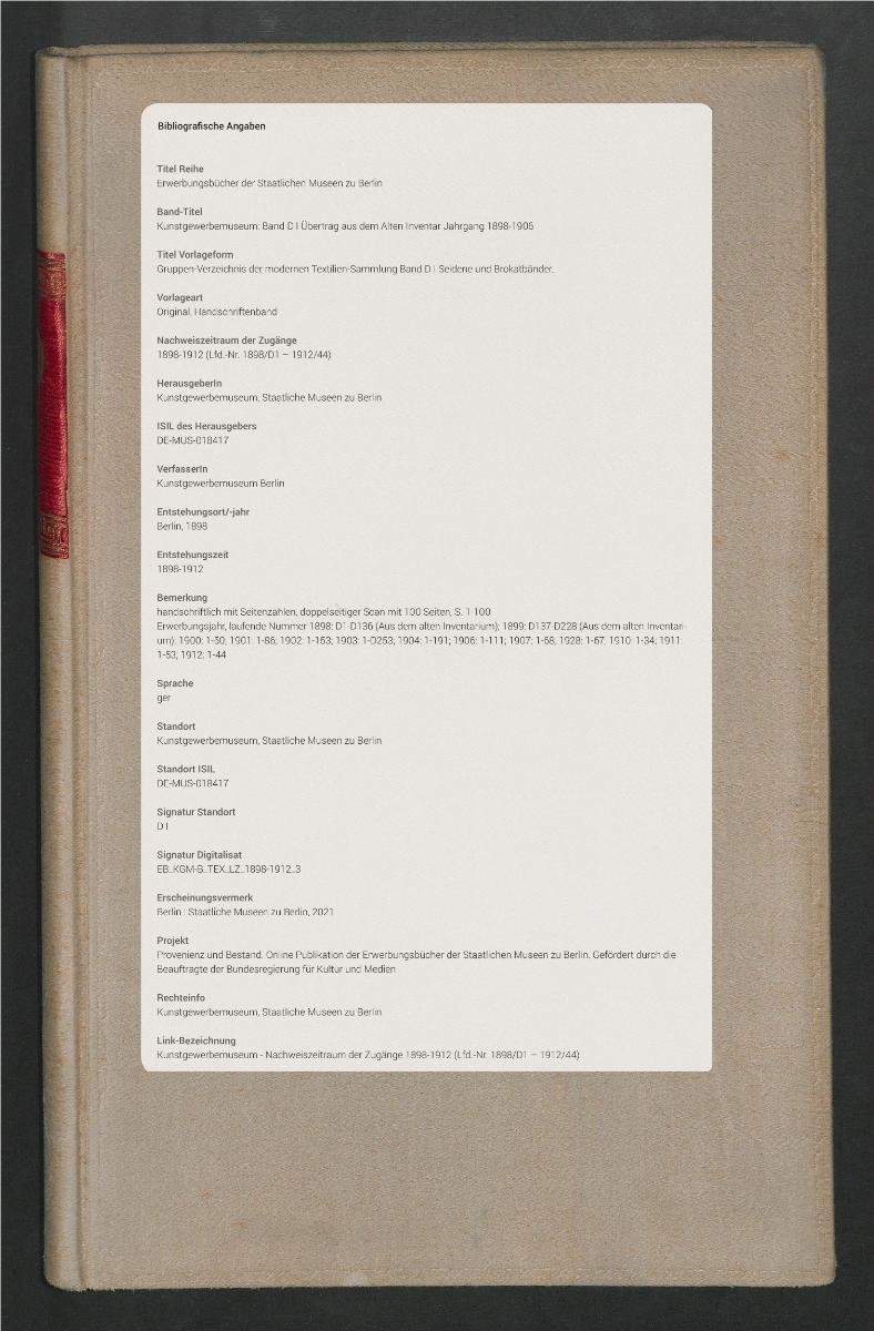 Gruppen-Verzeichnis der modernen Textilien-Sammlung Band D I Seidene und Brokatbänder.