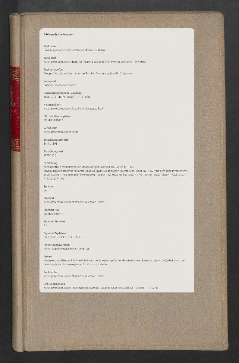 Gruppen-Verzeichnis der modernen Textilien-Sammlung Band R I Cretonnes.