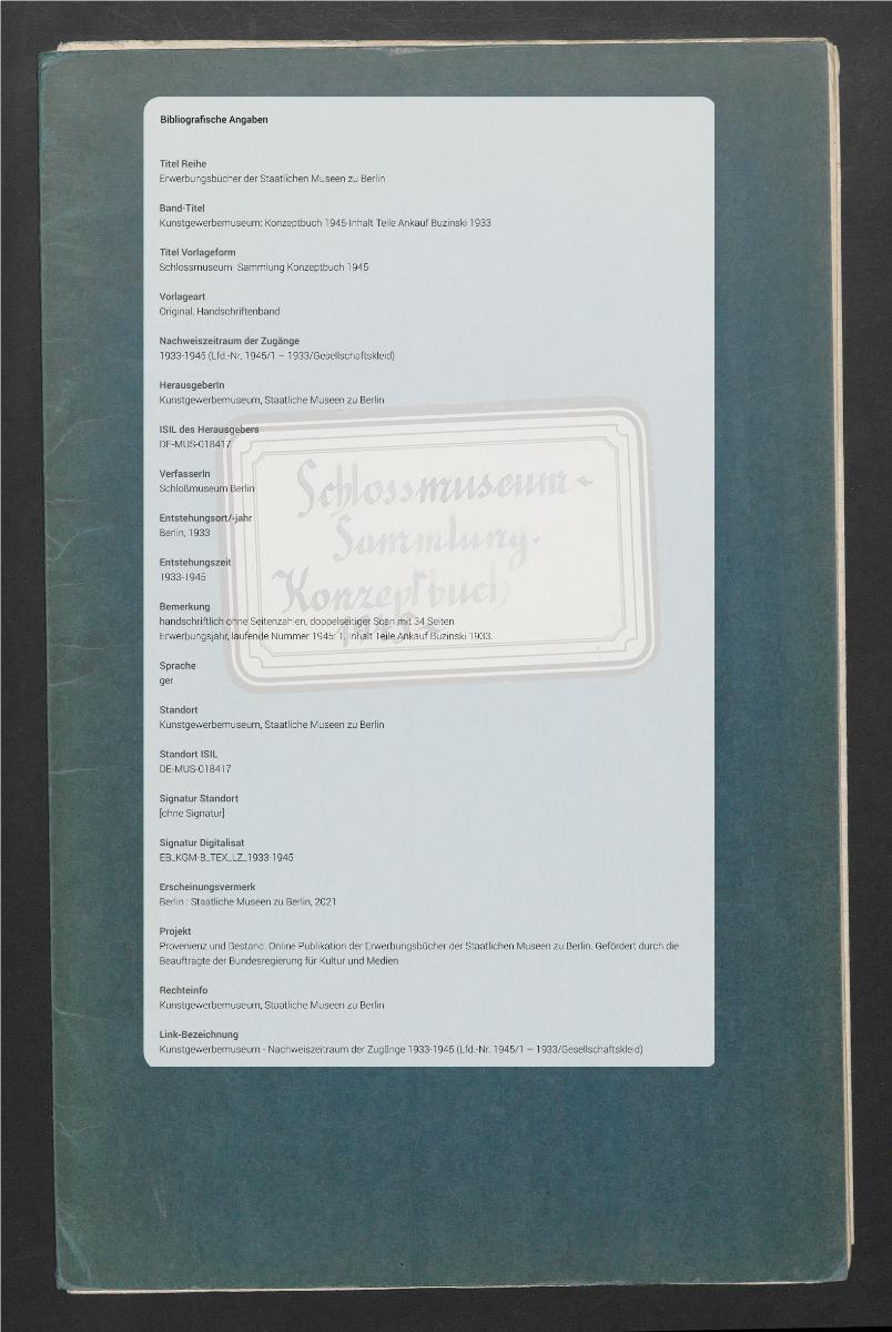 Schlossmuseum- Sammlung Konzeptbuch 1945-