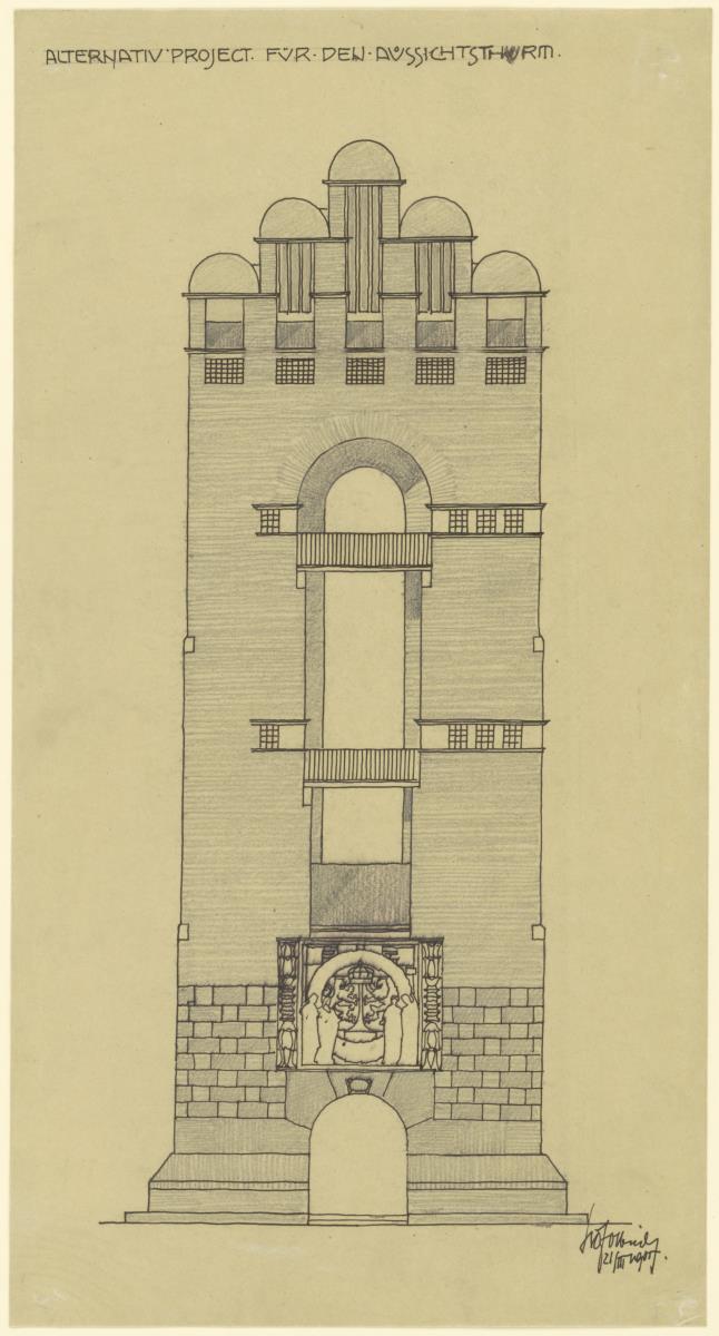 Darmstadt, Ausstellungsgebäude und Hochzeitsturm, 2. Vorentwurf, Aufriss der Hauptfassade