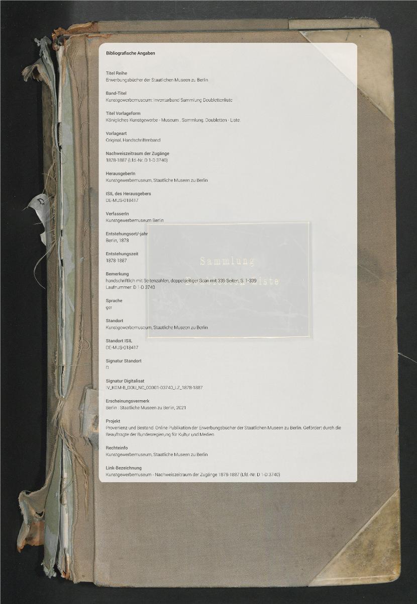 Königliches Kunstgewerbe - Museum . Sammlung. Doubletten - Liste.