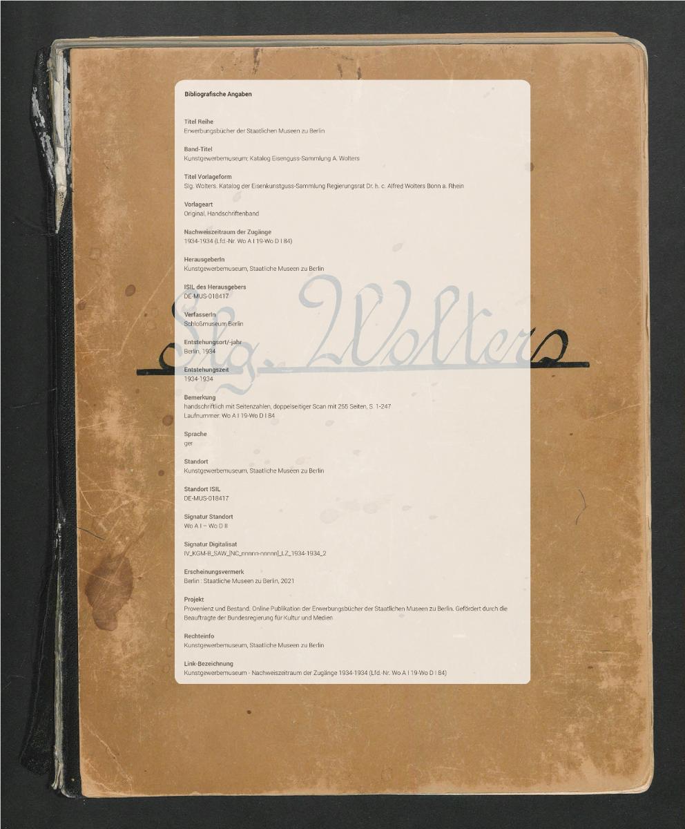 Slg. Wolters. Katalog der Eisenkunstguss-Sammlung Regierungsrat Dr. h. c. Alfred Wolters Bonn a. Rhein