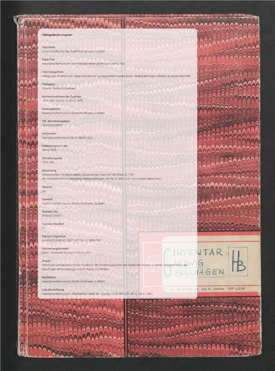Anlage zum Inventarbuch "Gegenwartskunst" Kunstgewerbemuseum Berlin  Hedwig Bollhagen, Arbeiten im Besitz des KGM