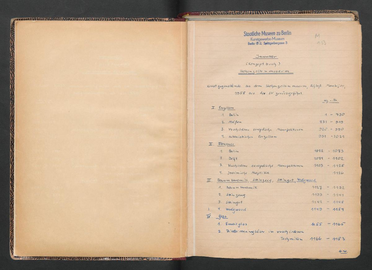 Inventar (Konzeptbuch) Hohenzollernmuseum Kunstgegenstände aus dem Hohenzollernmuseum, Schloß Monbijou, 1958 aus der SU zurückgeführt