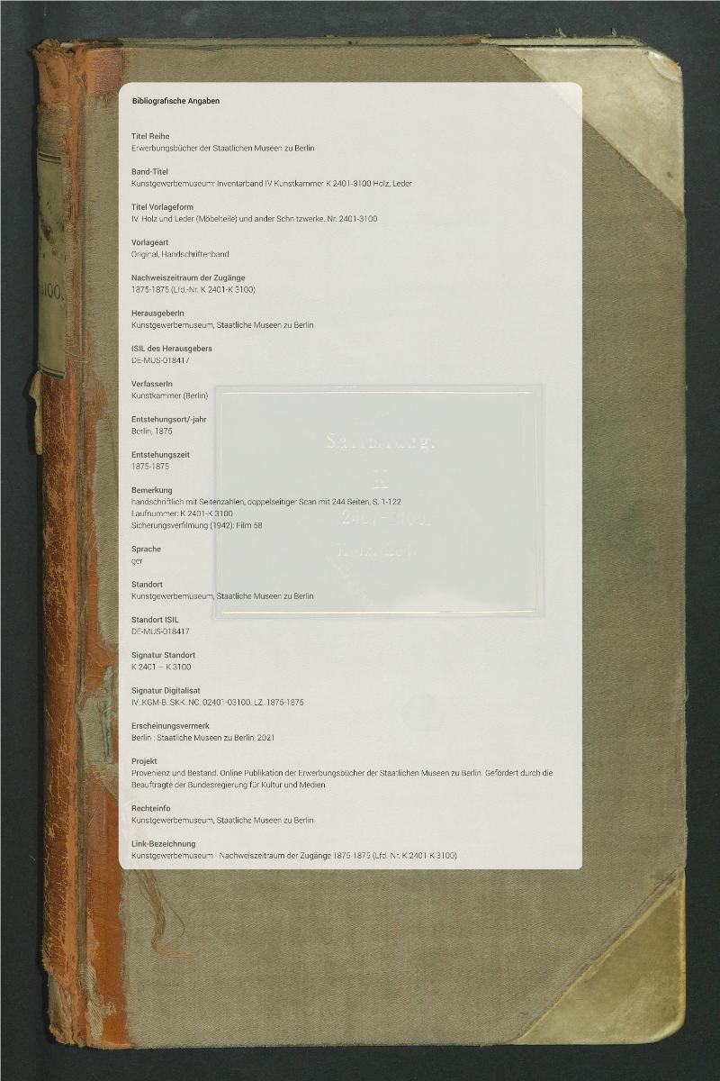 IV. Holz und Leder (Möbeltheile) u. andere Schnitzwerke. Nr. 2401-3100