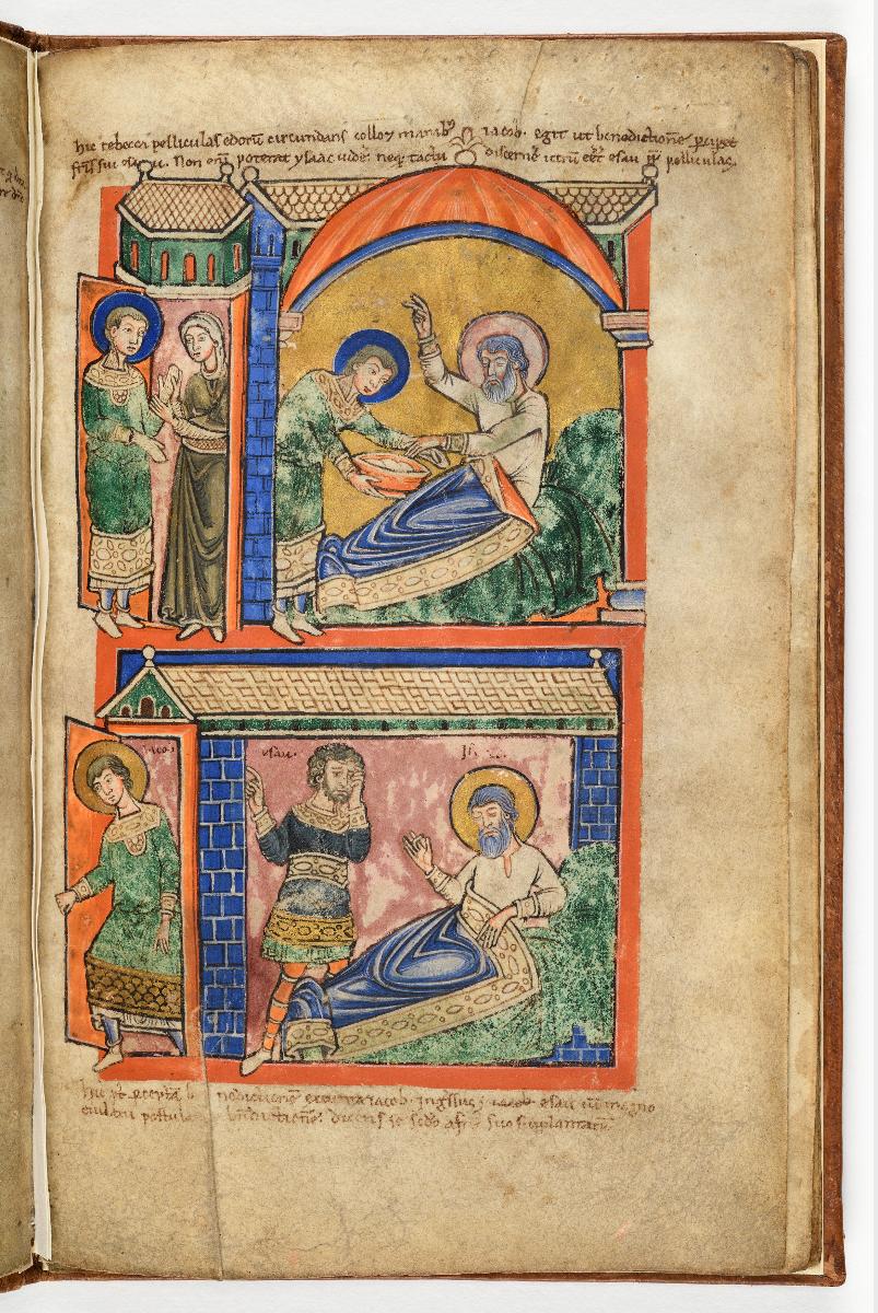Fragment eines Psalteriums, Bl. 4 recto - Isaak segnet Jakob, Esaus Klage, aus der Tür eilt Jakob