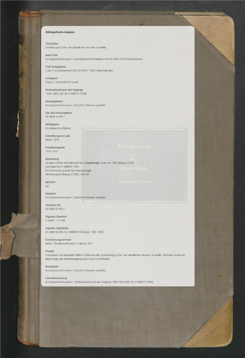 Liste K. (Kunstkammer) Bd. XII 6984 - 7349. Glasmalereien.