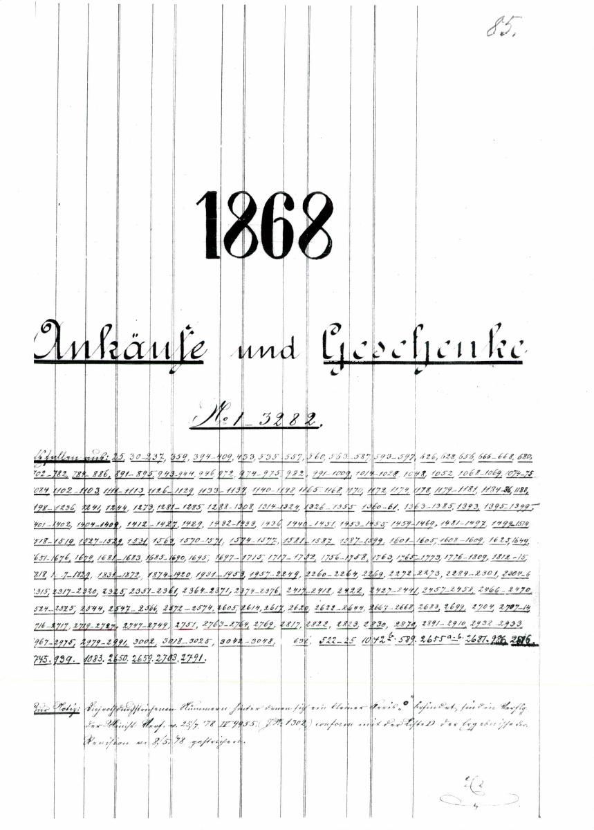 2 3/4 1868 Inv. Nr. 1-701 Seite 85 - 152 Es fehlen die Seiten 86, 145, 146, 147 rechts, fehlen im Film da leer.  [= Erwerbungsjahr 1868: 1-701 aus Inventarbuch Sammlung 1867-69]