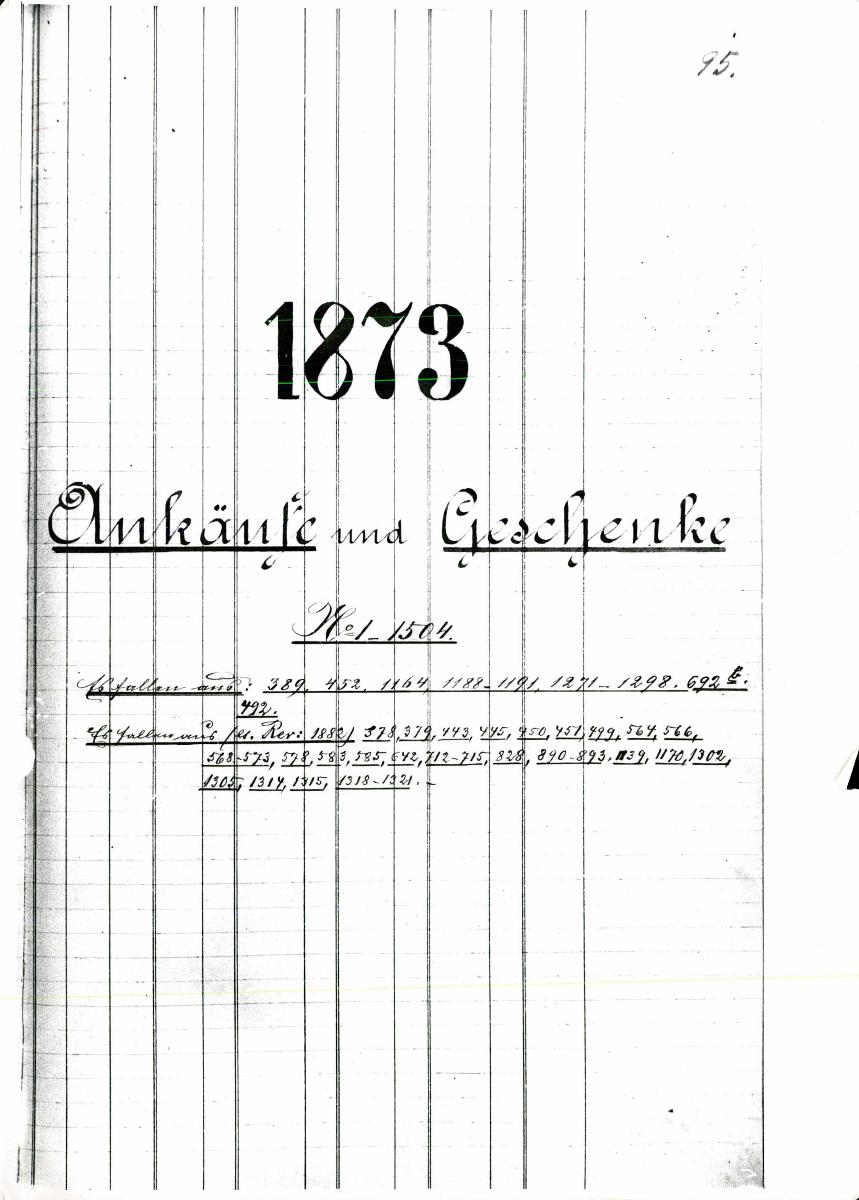 5 9 1873 vollständig gez. Sch. [Schönberger, Arno] v.B. [= Erwerbungsjahr 1873: 1-1504 aus Inventarbuch Sammlung 1870-73]