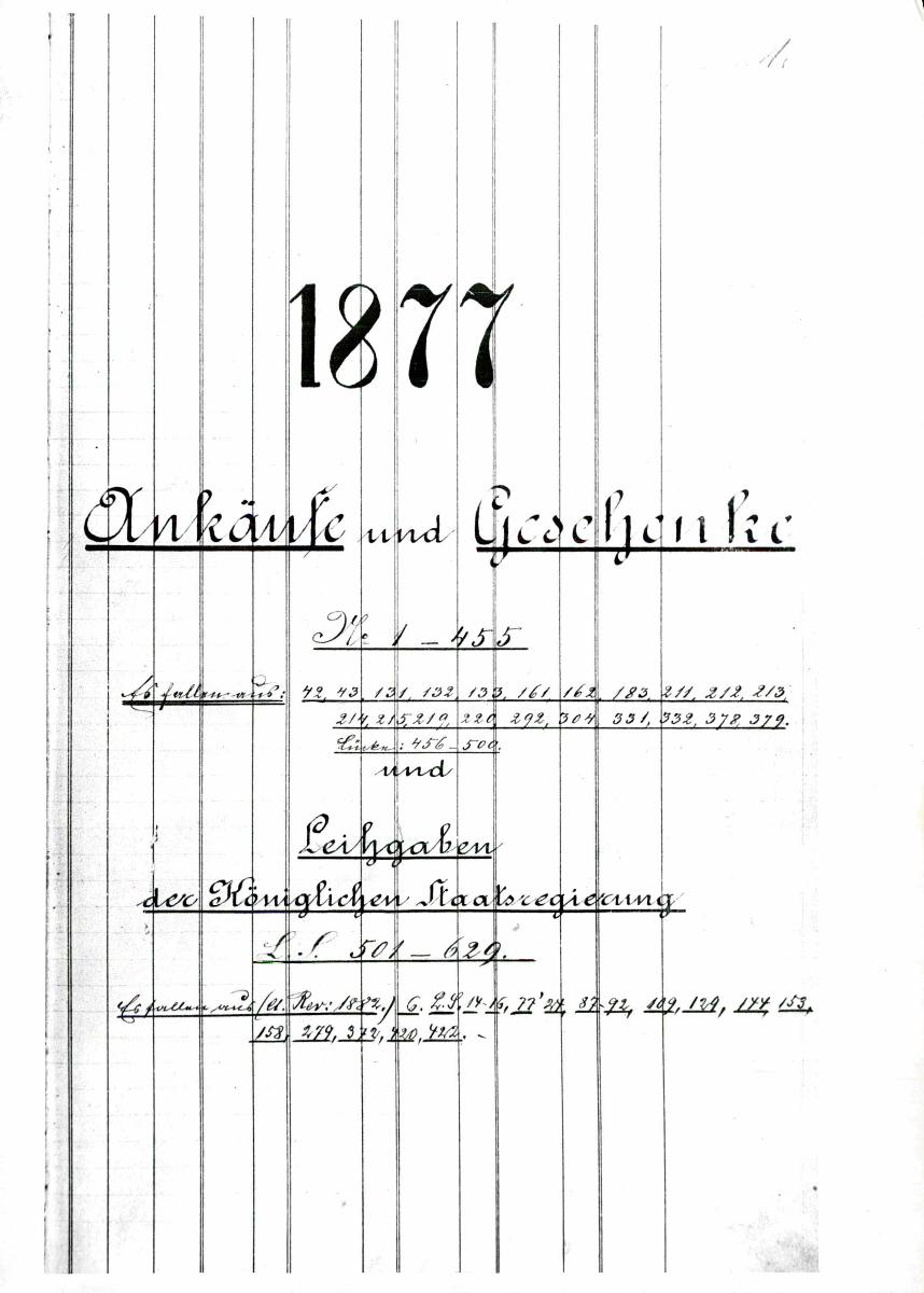 9 15/16 1877 Inv.Nr. 1-304 vollst. 29.6.1960 gez. Sch. [Schönberger, Arno] v.B. [= Erwerbungsjahr 1877: 1-304 aus Inventarbuch Sammlung 1877]