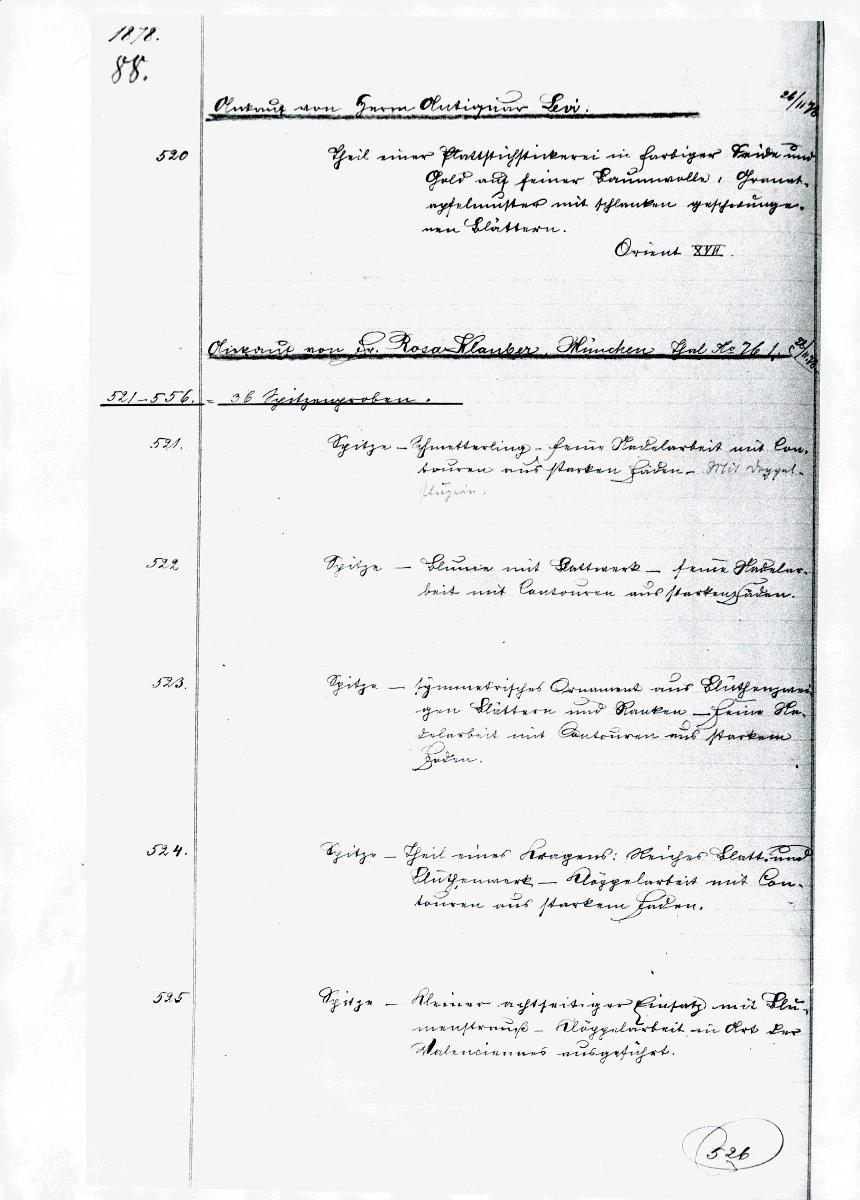 10a 17/18 1878 Inv.Nr. 520-1040 vollstämdig 29. Juni 1960 gez. Sch. [Schönberger, Arno] v.B. [= Erwerbungsjahr 1878: 520-1040 aus Inventarbuch Sammlung 1878]