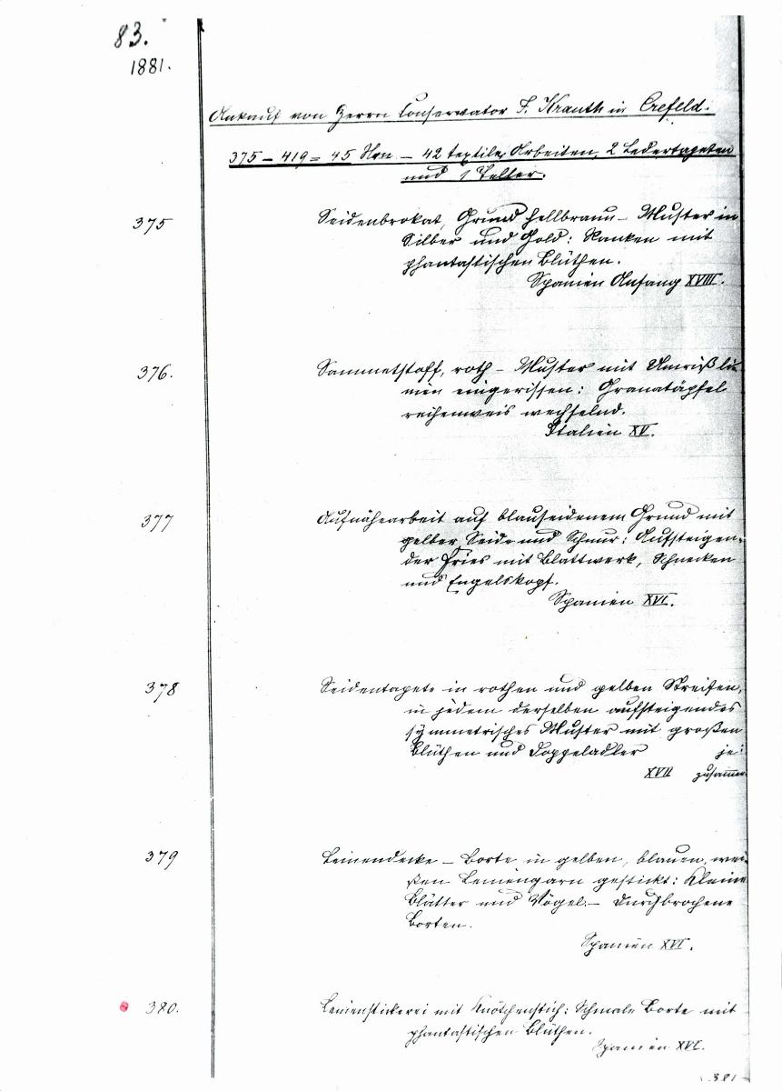17a 24/25 1881 Inv.Nr. 375-726 vollst. 30. Juni 1960 gez. Sch. [Schönberger, Arno] v.B. [= Erwerbungsjahr 1881: 375-726 aus Inventarbuch Sammlung 1881]