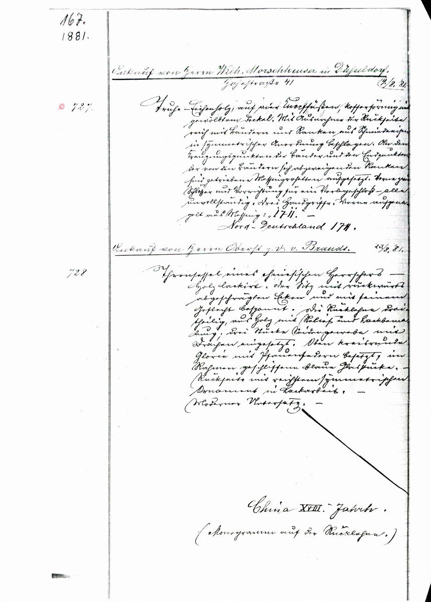 18 24/25 1881 Inv.Nr. 727-1105 vollständig 30. Juni 1960 gez. Sch. [Schönberger, Arno] v.B. [= Erwerbungsjahr 1881: 727-1105 aus Inventarbuch Sammlung 1881]
