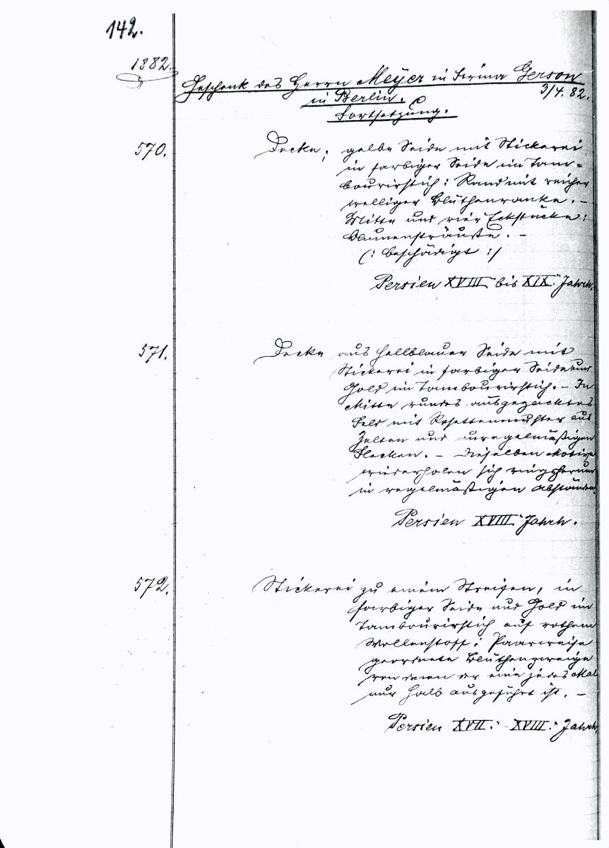 20 1882 Inv.Nr. 570-881 vollständig 18.7.1960 gez. Sch. [Schönberger, Arno] v.B. [= Erwerbungsjahr 1882: 570-881 aus Inventarbuch Sammlung 1882]