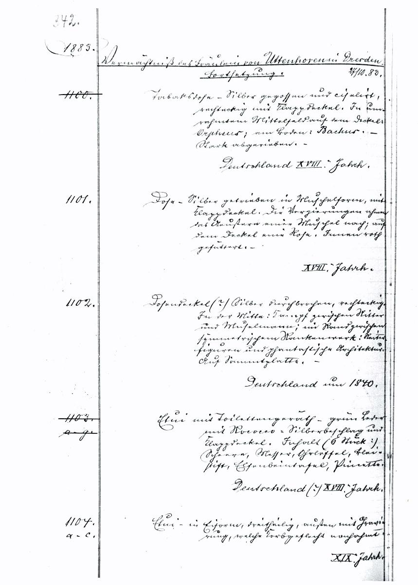 24 31/32 1883 Inv.Nr. 1100-1450 Es fehlt Seite 384 links (fehlt im Film) 18.7.1960 gez. Sch. [Schönberger, Arno] v.B. [= Erwerbungsjahr 1883: 1100-1450 aus Inventarbuch Sammlung 1883]