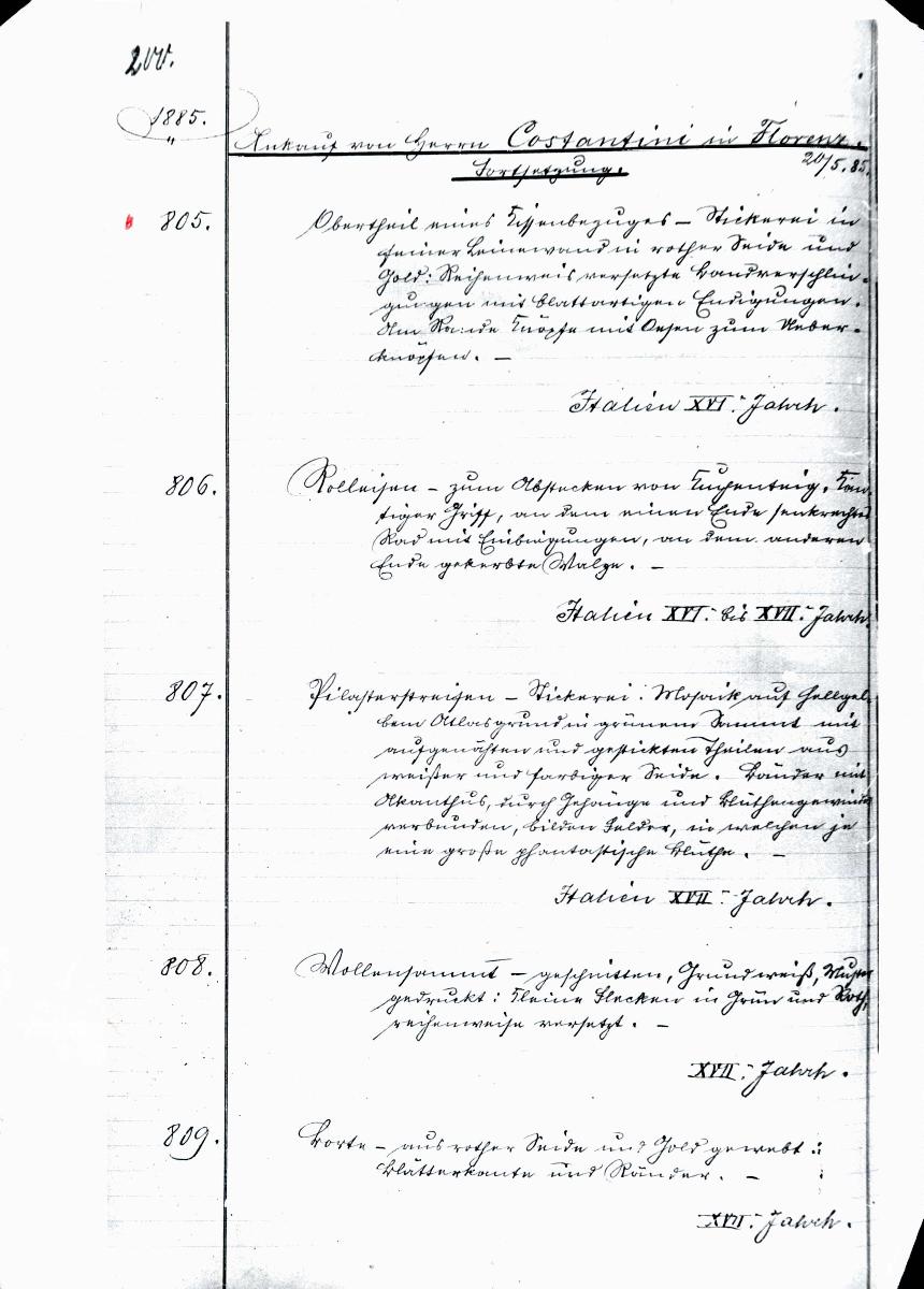 33 38/39/40 1885 Seite 200-308 Inv.Nr. 805-1170 vollständig 17. Mai 1960 gez. Sch. [Schönberger, Arno] 21. Dez 1960 v.B. [= Erwerbungsjahr 1885: 805-1170 aus Inventarbuch Sammlung 1885]