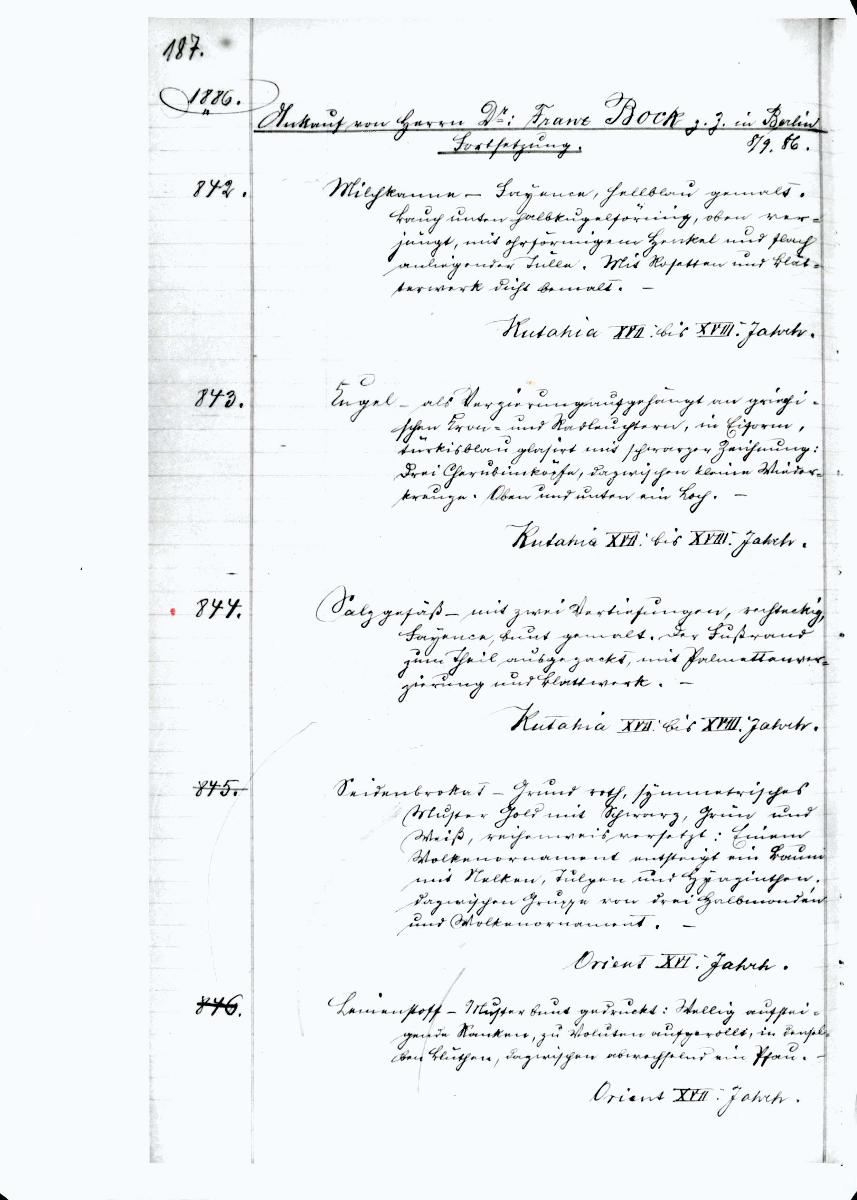 33c 1886 Seite 187-283 Inv.Nr. 842-1215 ? v.B. [= Erwerbungsjahr 1886: 842-1215 aus Inventarbuch Sammlung 1886]
