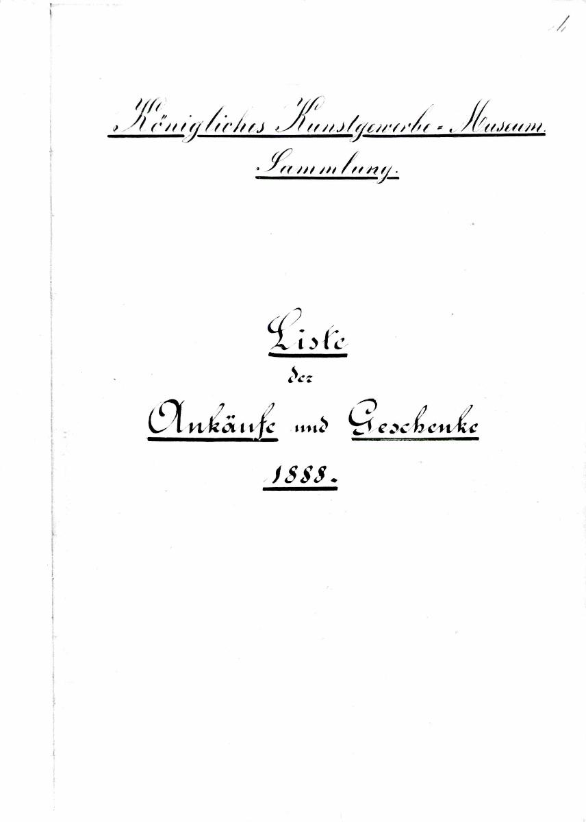 38 1888 Seite 1-108 Inv.Nr. 1-500 vollständig 31.5.1960 gez. Sch. [Schönberger, Arno] v.B. [= Erwerbungsjahr 1888: 1-500 aus Inventarbuch Sammlung 1888]