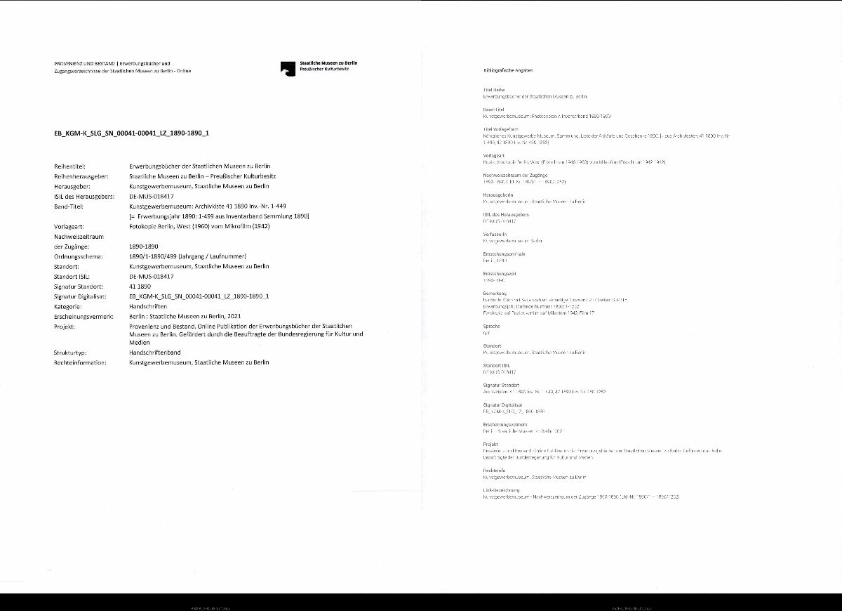 Königliches Kunstgewerbe-Museum. Sammlung. Liste der Ankäufe und Geschenke 1890.
