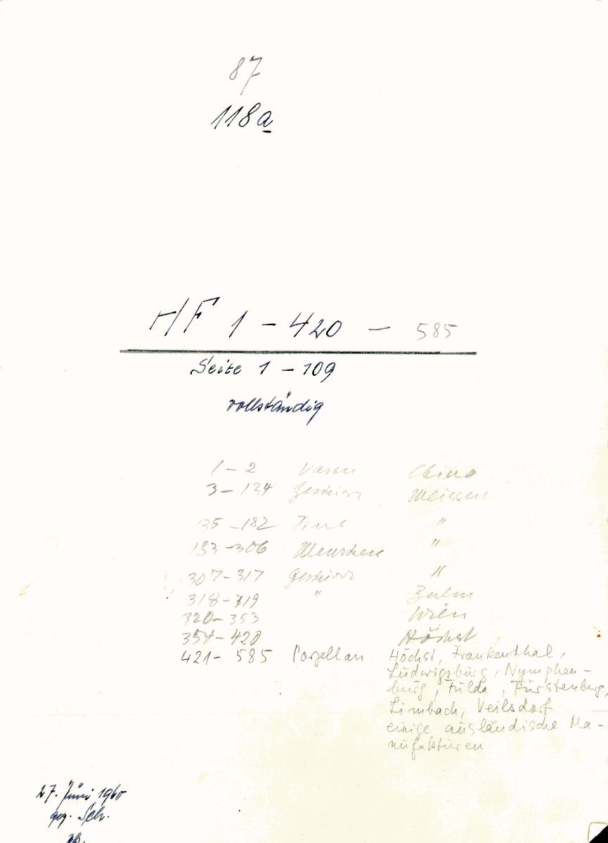 87 118a HF 1-420-585 Seite 1-109 vollständig 27. Juni 1960 gez. Sch. [Schönberger, Arno] v.B. [=Inventarbuch Sammlung Hermine Feist]