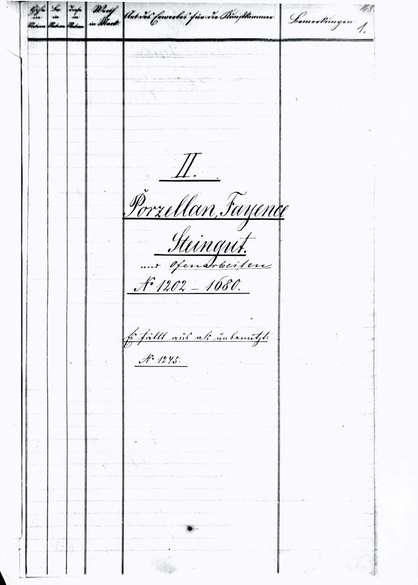 68 K II 1202-1680 Porzellan, Fayence, Steingut vollständig 26. April 1960 gez. Sch. [Schönberger, Arno] v.B [= Lfd.-Nr. K 01202-K 01680 aus Inventarbuch II Kunstkammer K 1202-1680 Porzellan, Fayence, Steingut]