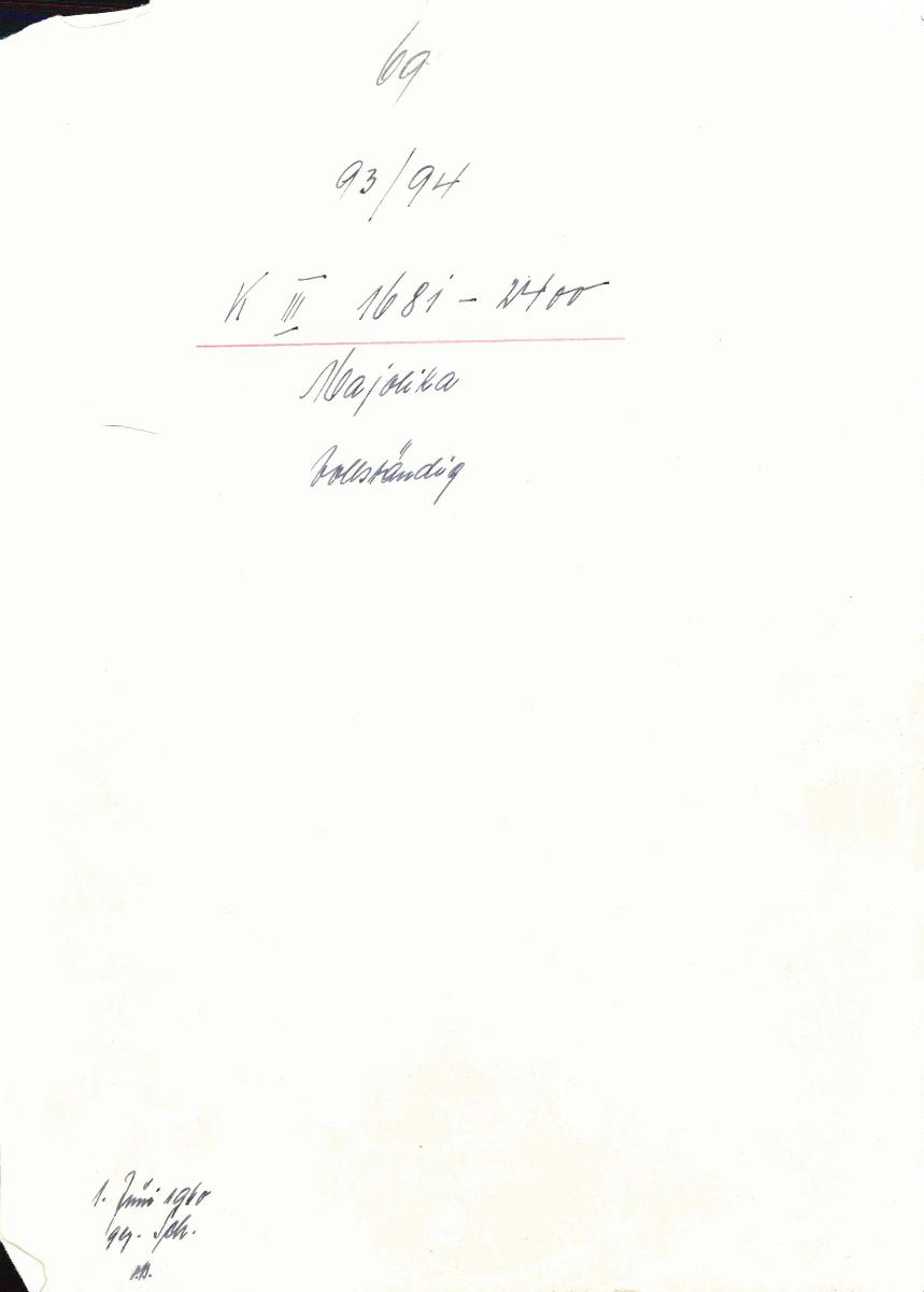 69 93/94 K III 1681-2400 Majolika vollständig 1. Juni 1960 gez. Sch. [Schönberger, Arno] v.B [= Lfd.-Nr. K 01681-K 02400 aus Inventarbuch III Kunstkammer K 1681-2400 Majolika]