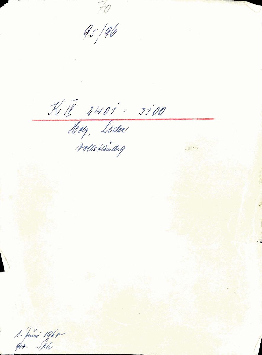 70 95/96 K IV 2401-3100 Holz, Leder vollständig 1. Juni 1960 gez. Sch. [Schönberger, Arno] [= Lfd.-Nr. K 02401-K 03100 aus Inventarbuch IV Kunstkammer K 2401-3100 Holz, Leder]
