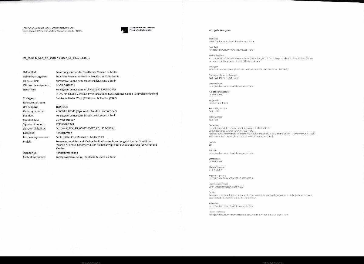Liste K. (Kunstkammer) Bd. XII 6984 - 7349. Glasmalereien.