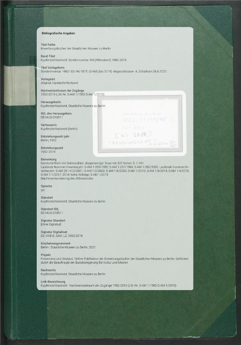 Sonderinventar 1992/ 93/ 94/ 95 ff. (S-AM) [bis 2019] -Abgeschlossen- A. Schalhorn 26.6.2020