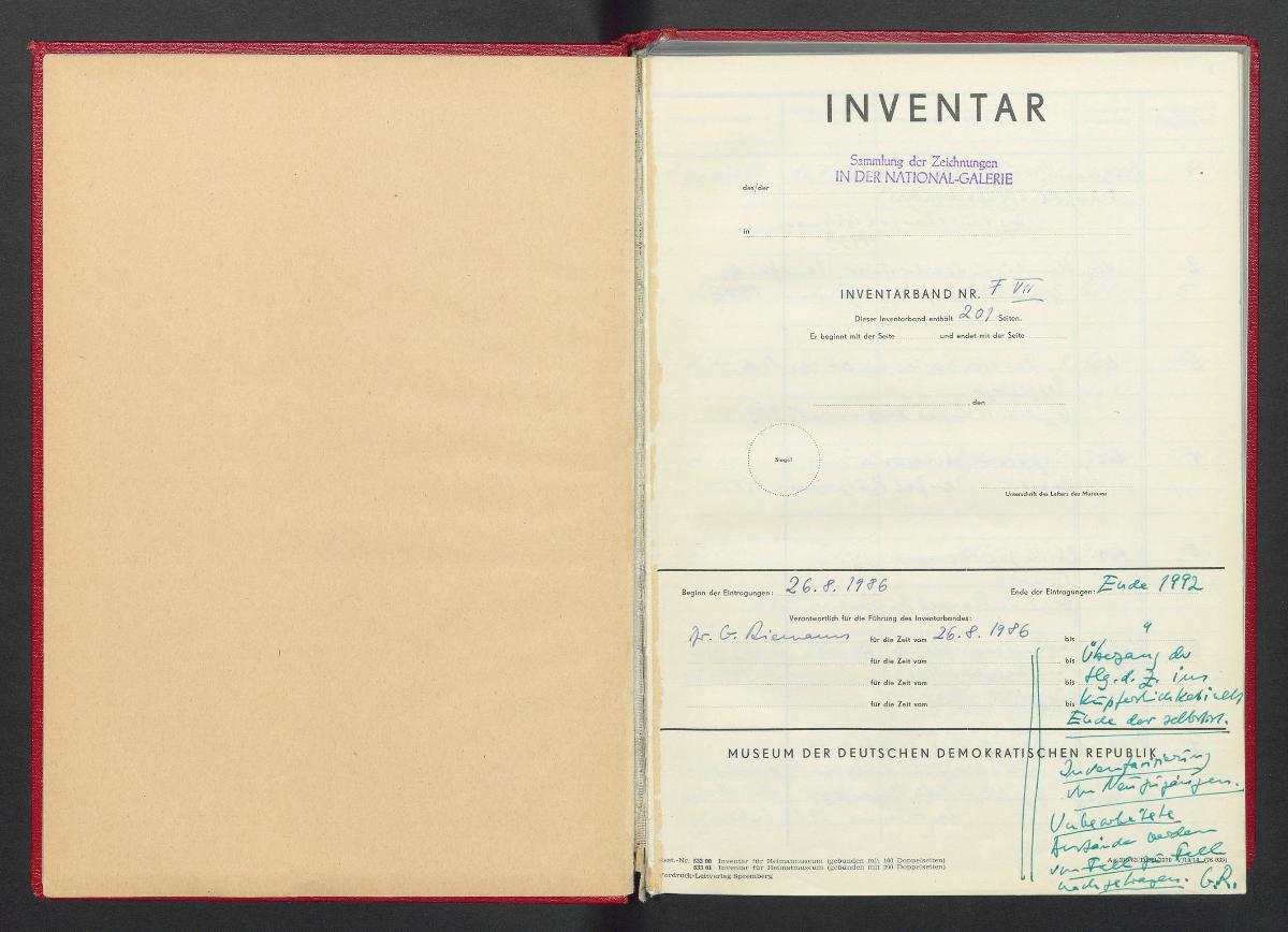 Inventar Sammlung der Zeichnungen in der National-Galerie Inventarband Nr. F VII