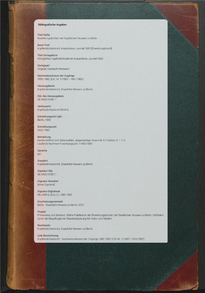 Königliches Kupferstichcabinet Acquisitions Journal 1882