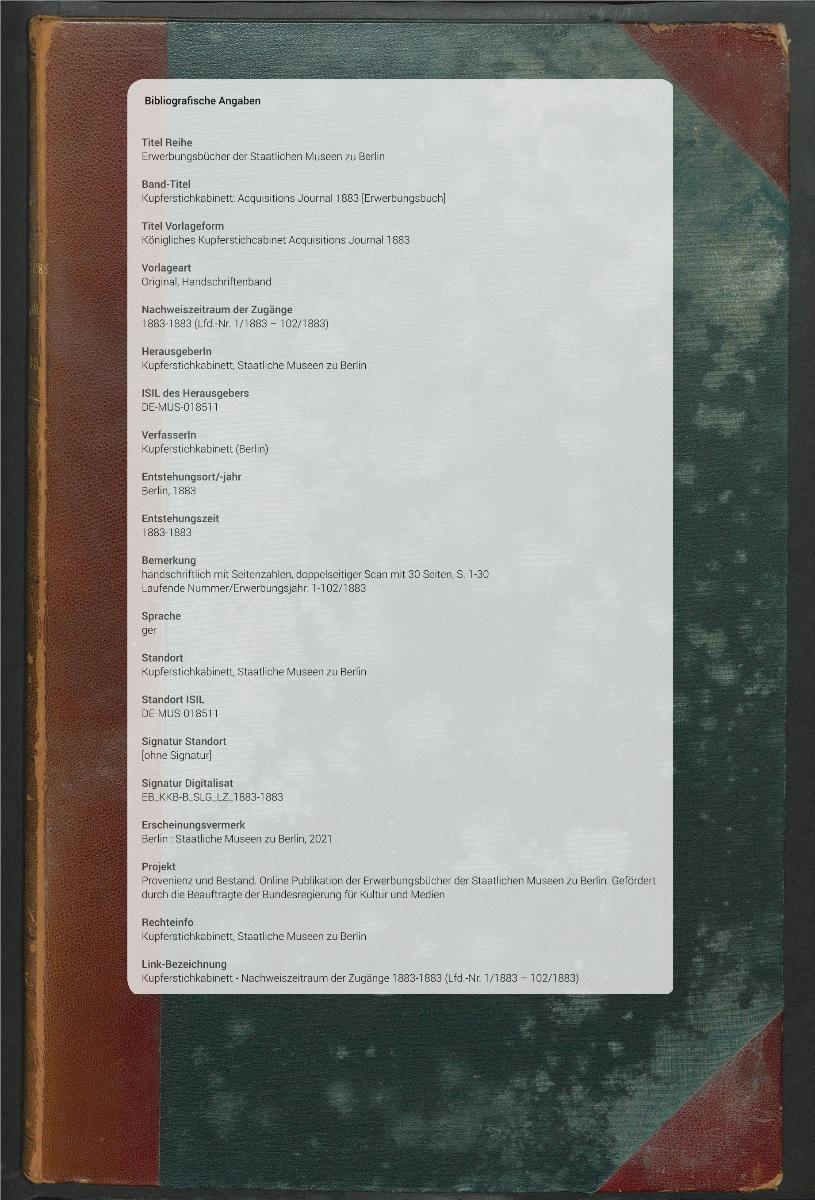 Königliches Kupferstichcabinet Acquisitions Journal 1883