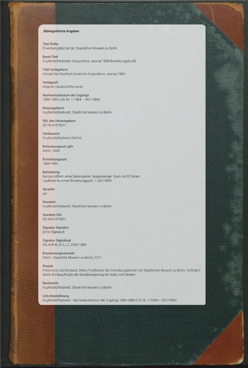 Königliches Kupferstichcabinet Acquisitions Journal 1884