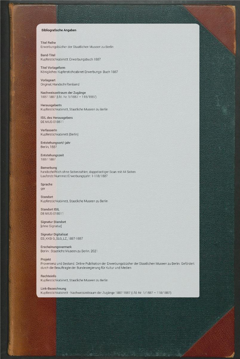 Königliches Kupferstichcabinet Erwerbungs- Buch 1887