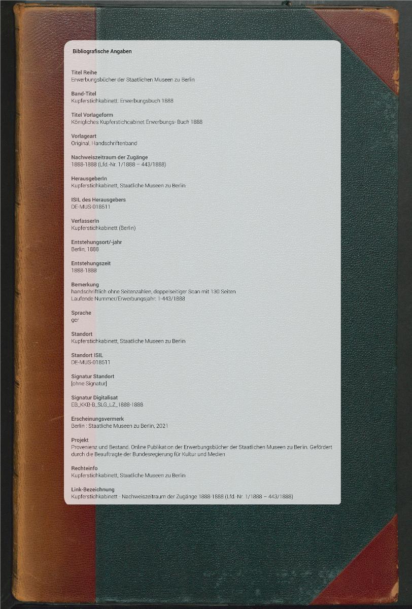 Königliches Kupferstichcabinet Erwerbungs- Buch 1888