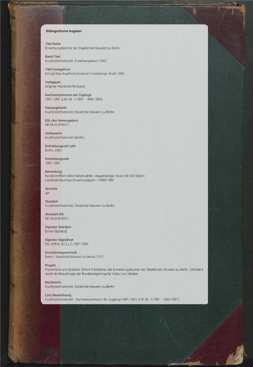 Königliches Kupferstichcabinet Erwerbungs- Buch 1891