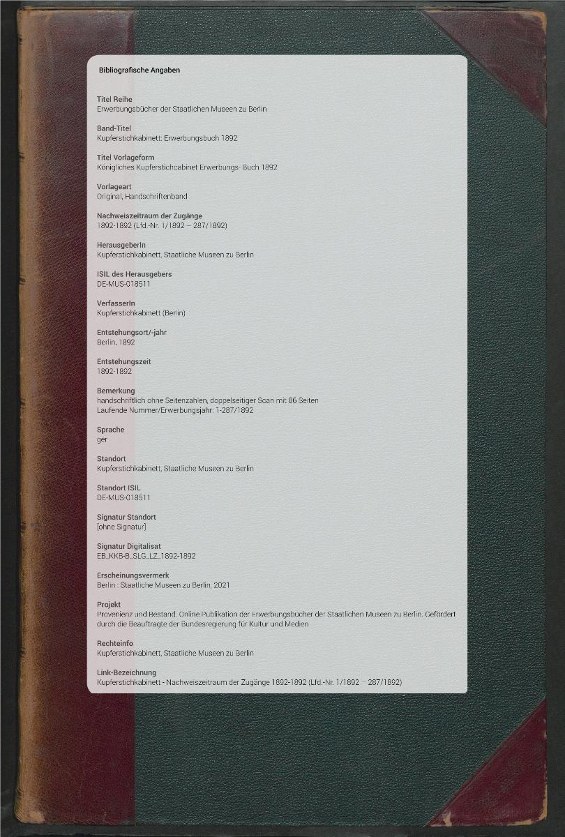 Königliches Kupferstichcabinet Erwerbungs- Buch 1892