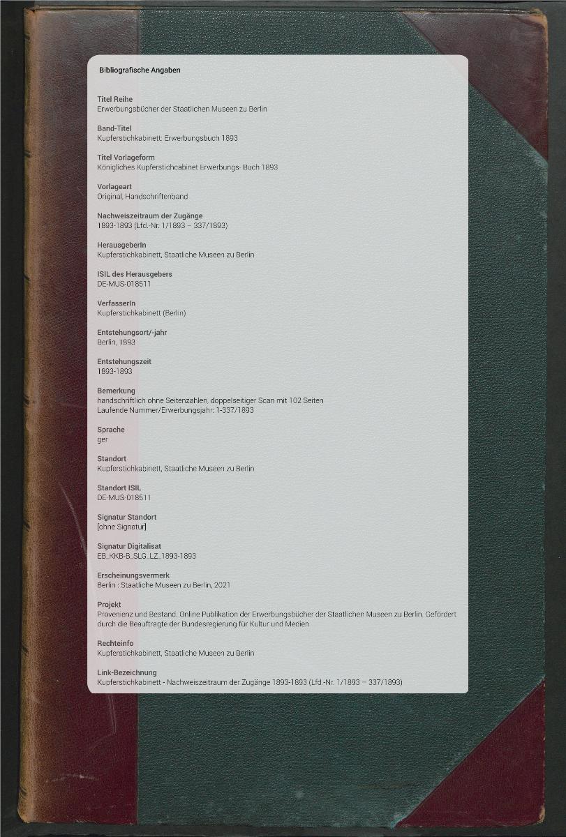 Königliches Kupferstichcabinet Erwerbungs- Buch 1893