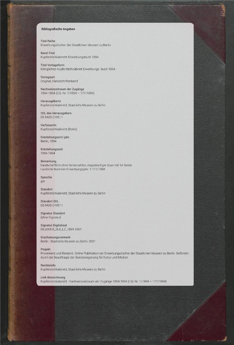 Königliches Kupferstichcabinet Erwerbungs- Buch 1894