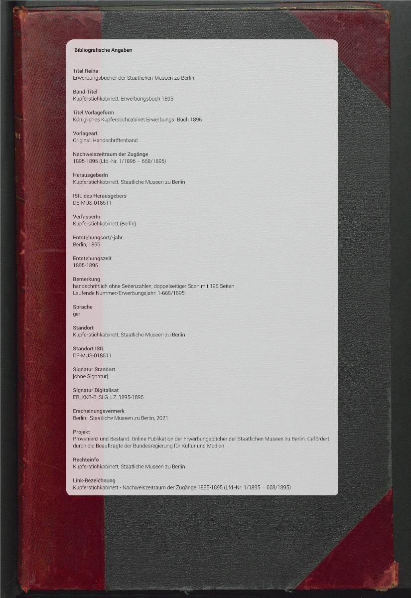 Königliches Kupferstichcabinet Erwerbungs- Buch 1895