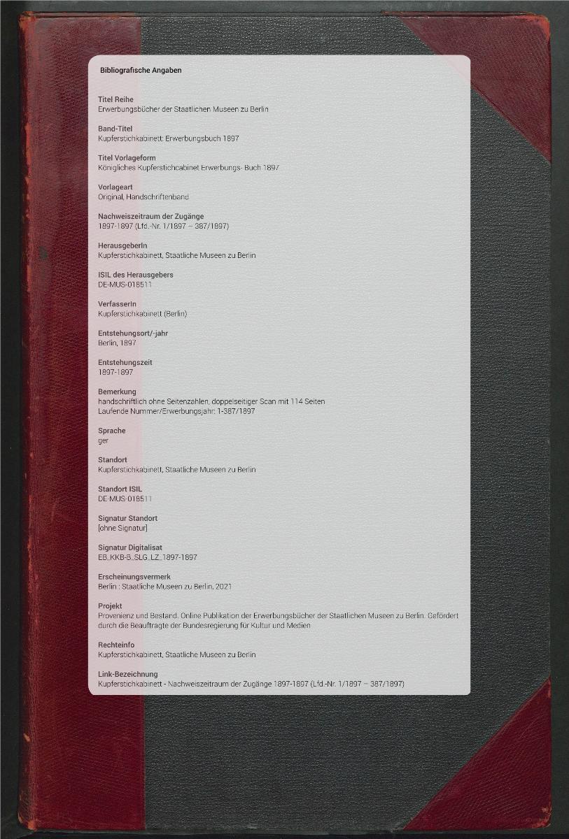 Königliches Kupferstichcabinet Erwerbungs- Buch 1897